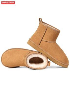Genuine Suede Ankle Winter Boots Fuzzy Fur Lined Slip-On